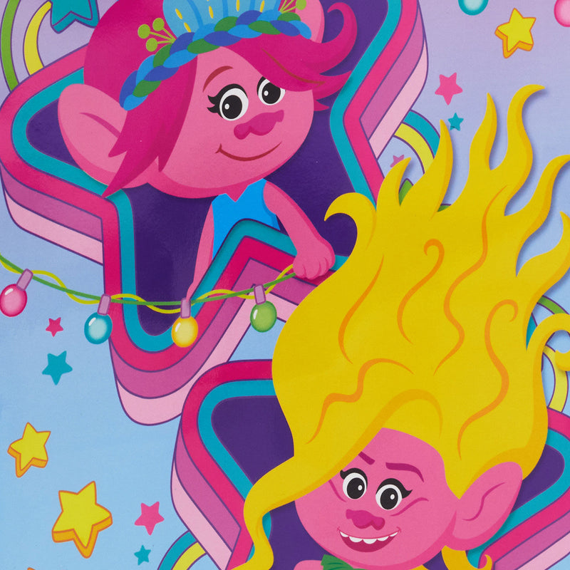 Trolls Band Together medium gift bag featuring Poppy and Viva with star accents on a pink and blue ombré background, 9.6