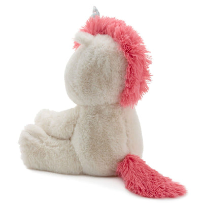 Big Sister unicorn plush toy with white fur, pink corduroy feet, coral mane, and stitched “Big Sis” lettering
