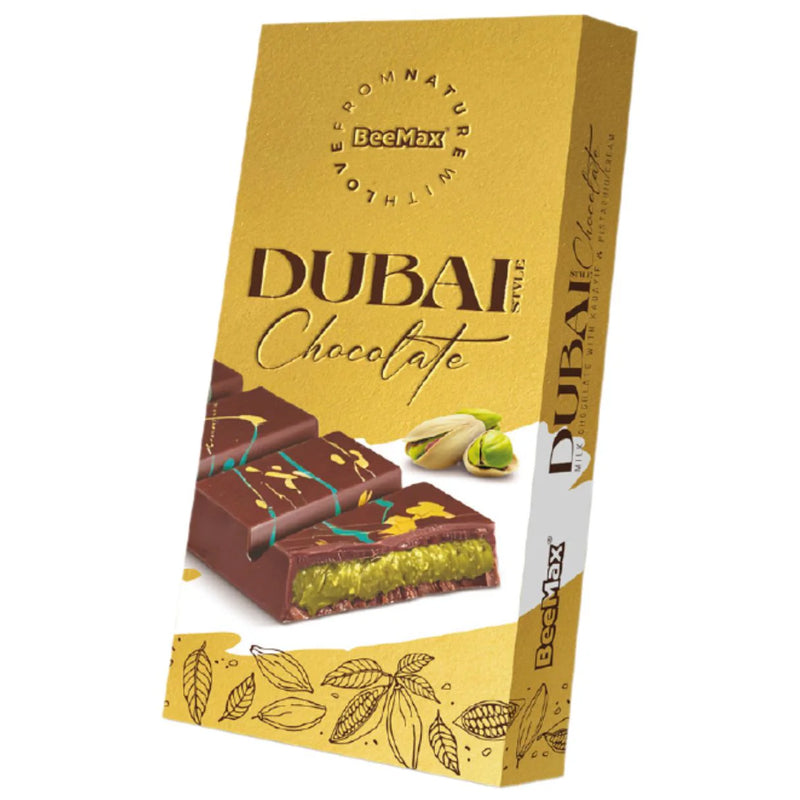 A 7.05 oz bar of Dubai milk chocolate filled with pistachio cream and crunchy Kadayif pastry.

