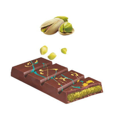 A 7.05 oz bar of Dubai milk chocolate filled with pistachio cream and crunchy Kadayif pastry.

