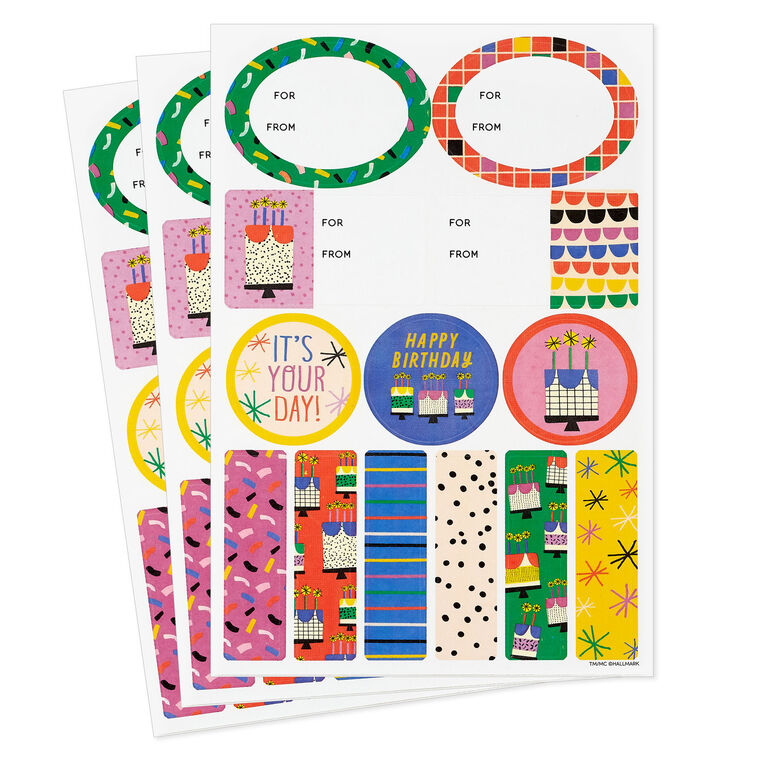 Hallmark vanilla-scented birthday gift tags and stickers, 3-sheet set with colorful designs for kids, friends, or teens.