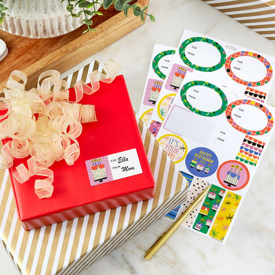 Hallmark vanilla-scented birthday gift tags and stickers, 3-sheet set with colorful designs for kids, friends, or teens.