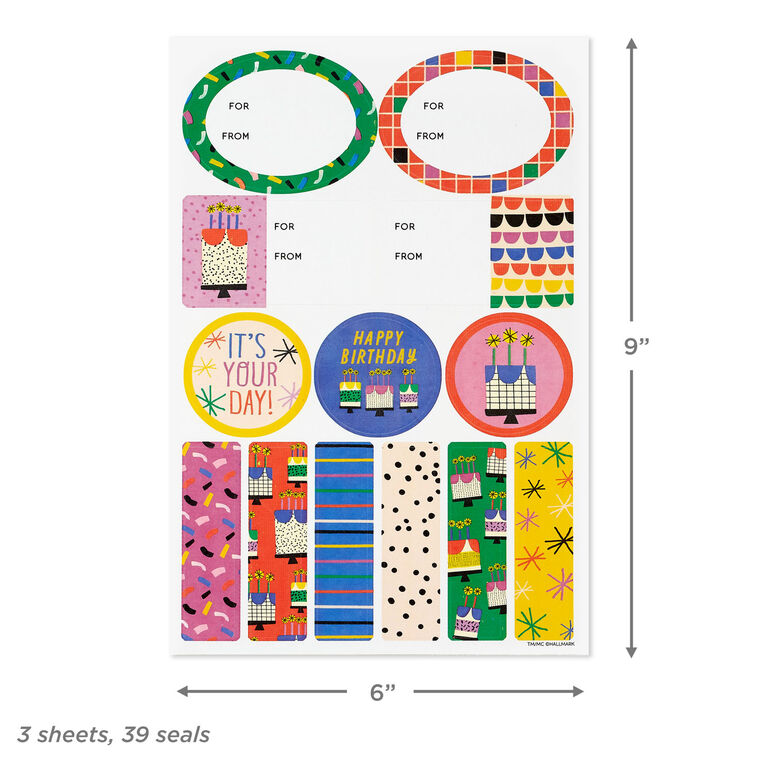 Hallmark vanilla-scented birthday gift tags and stickers, 3-sheet set with colorful designs for kids, friends, or teens.