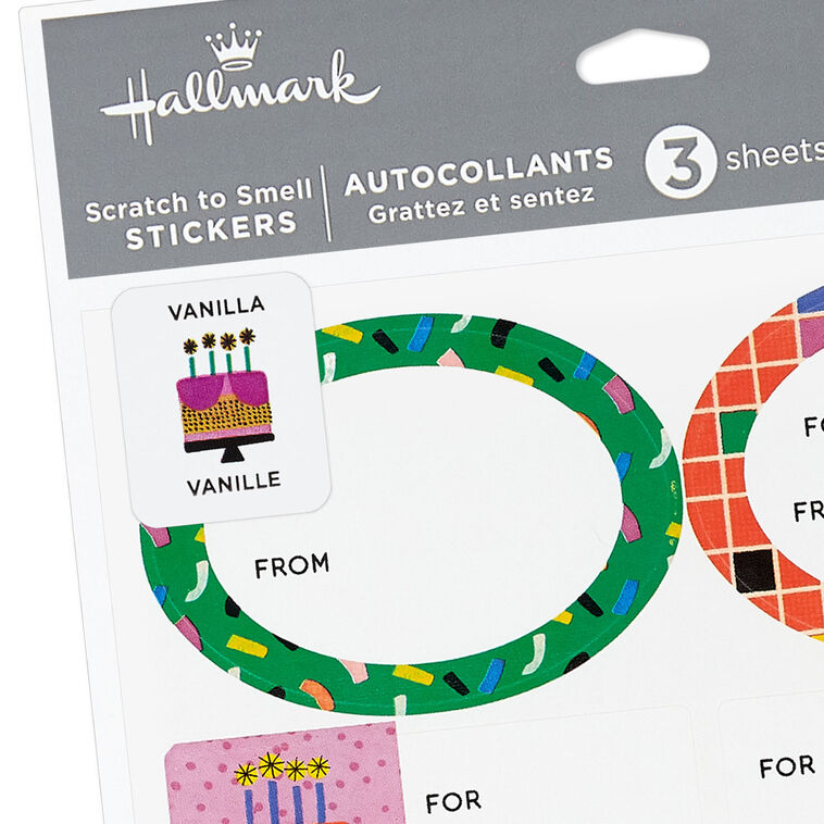 Hallmark vanilla-scented birthday gift tags and stickers, 3-sheet set with colorful designs for kids, friends, or teens.