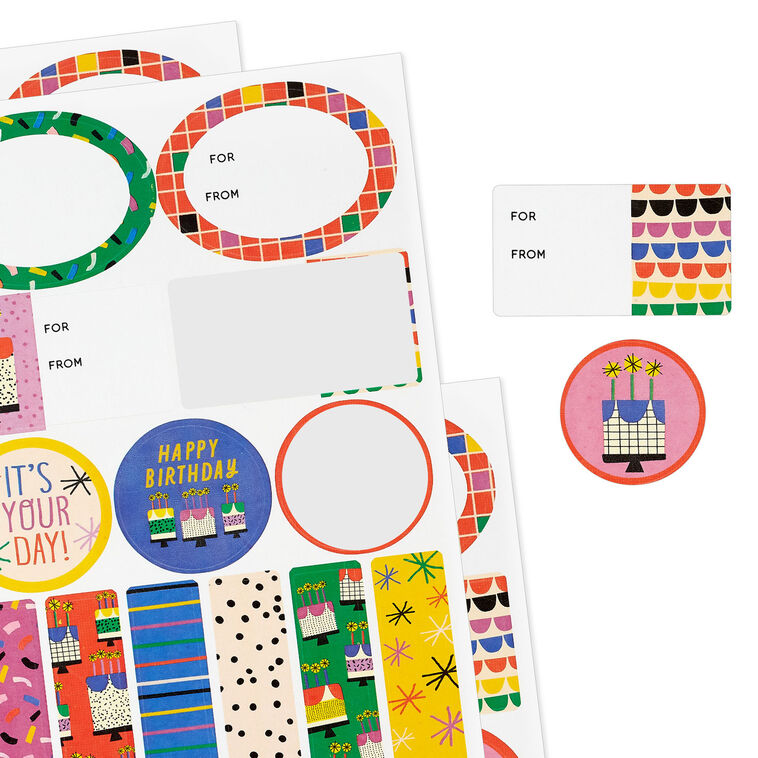 Hallmark vanilla-scented birthday gift tags and stickers, 3-sheet set with colorful designs for kids, friends, or teens.