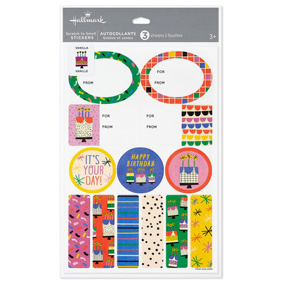 Hallmark vanilla-scented birthday gift tags and stickers, 3-sheet set with colorful designs for kids, friends, or teens.