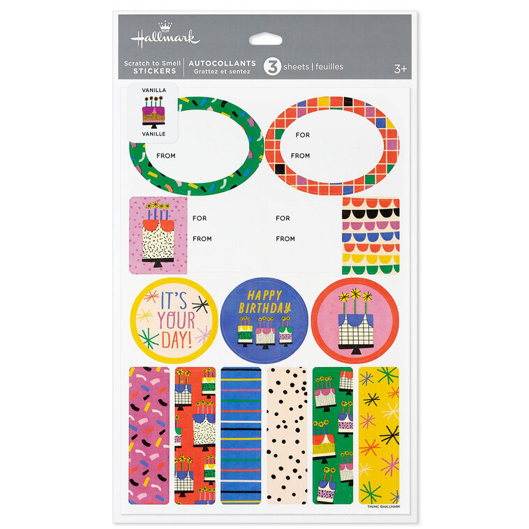 Hallmark vanilla-scented birthday gift tags and stickers, 3-sheet set with colorful designs for kids, friends, or teens.