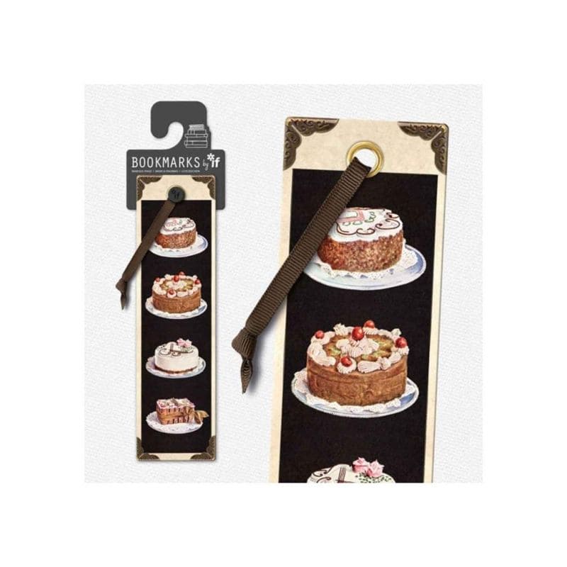 Vintage-style Patisserie bookmark on sepia card with brass eyelet, old gold ribbon, and debossed metal corner detailing.

