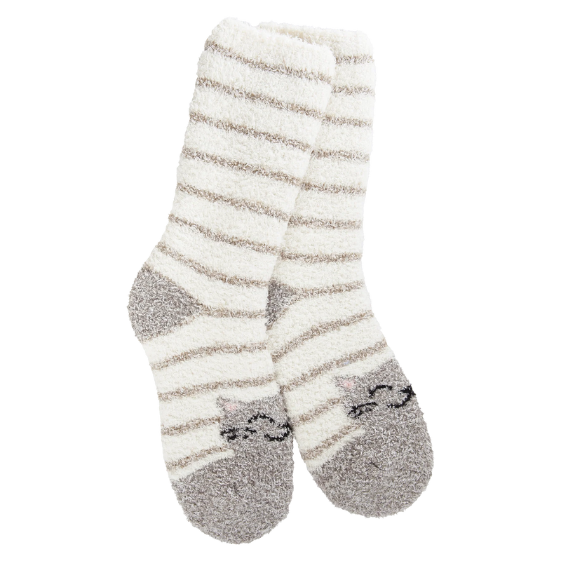 Striped Fireside Crew socks in Cat Stripe design with ultra-soft knit and cozy warmth for everyday comfort.