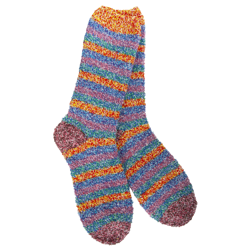 Bright rainbow striped crew socks with plush, ultra-soft knit texture for cozy comfort.