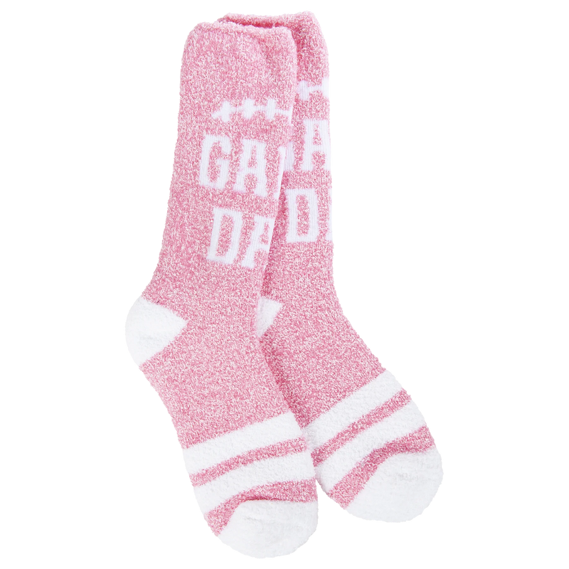 Game Day-themed cozy knit crew socks with a soft, plush texture in fall holiday colors, perfect for festive comfort.