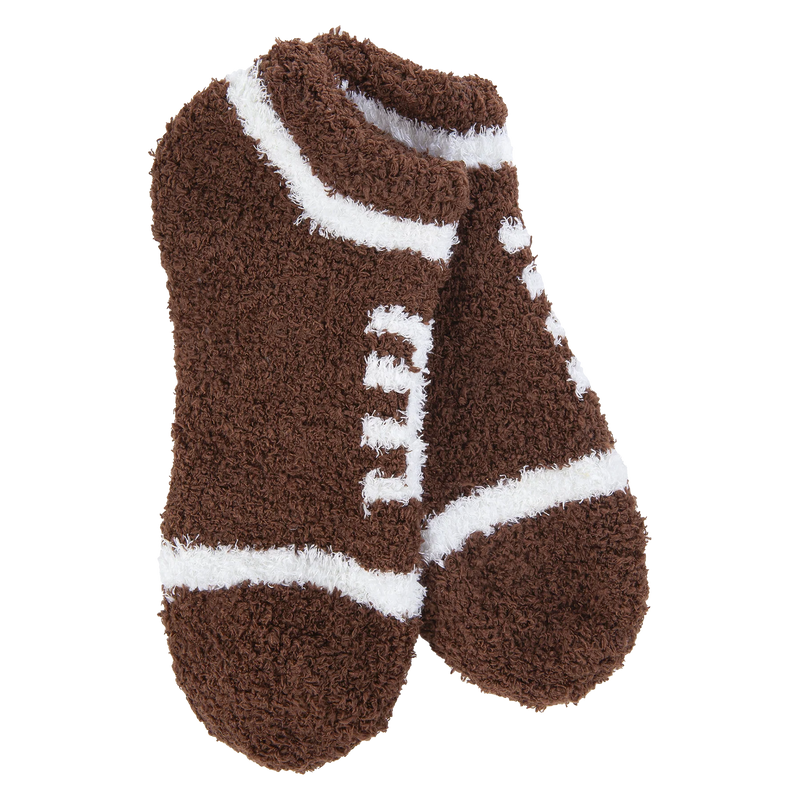 Low-cut football-themed cozy socks with plush knit fabric, designed for warmth and comfort below the ankle.