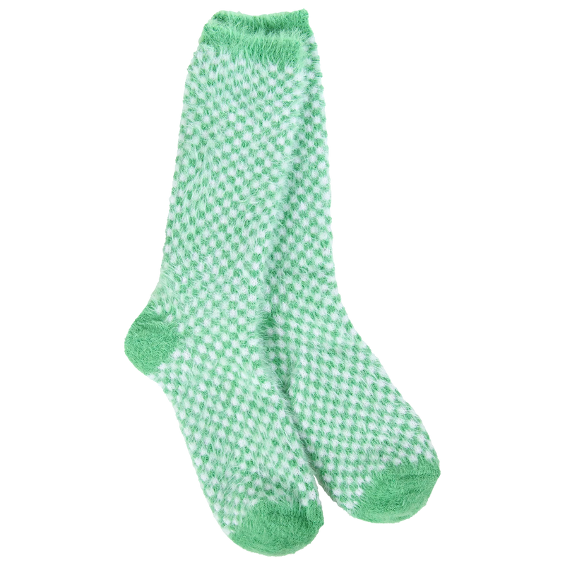Green and white feather knit crew socks with a soft checkered pattern, cozy and lightweight for everyday comfort.