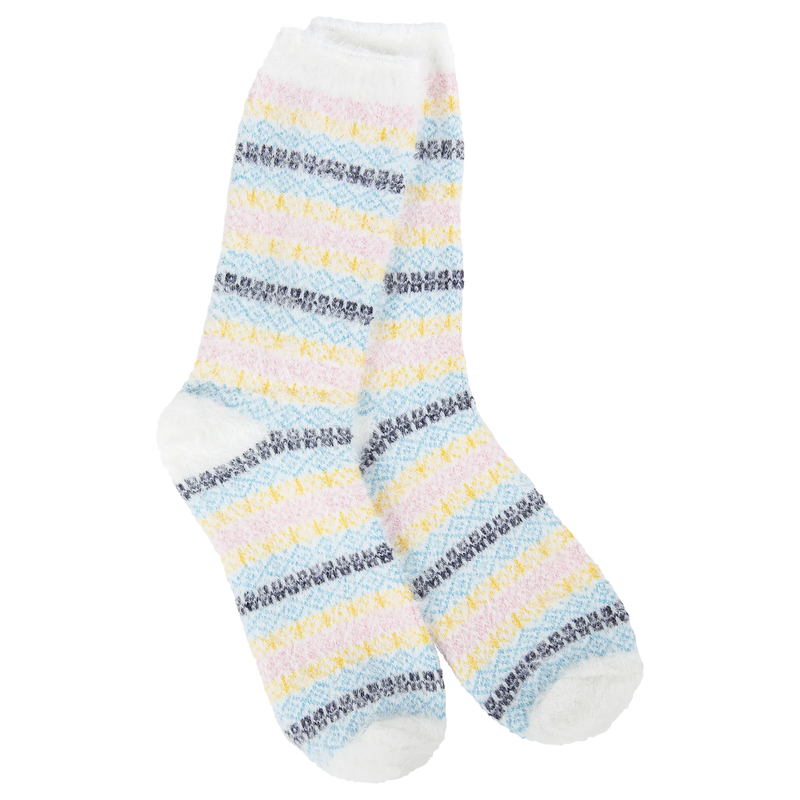 Soft feather knit crew socks with colorful stripes in a playful Wonderland design, perfect for cozy everyday wear.