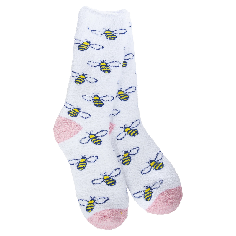 Plush spring crew socks with bee and flower design in soft yellow and white tones for cozy seasonal comfort.