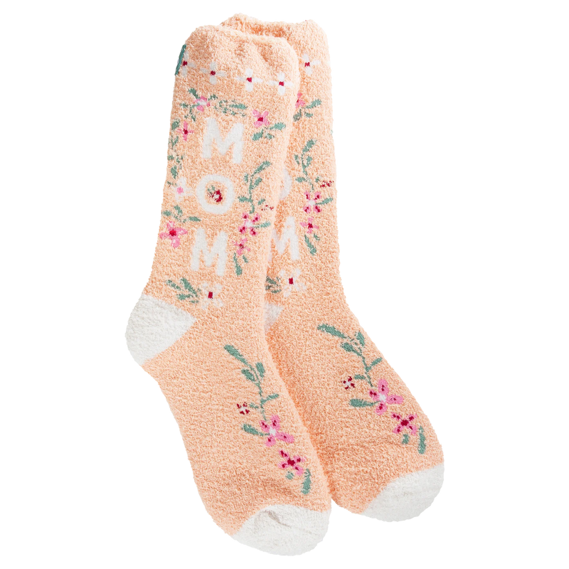 Lightweight spring crew socks with a soft knit and floral "Mom" design, perfect for gifting and cozy weekend wear.