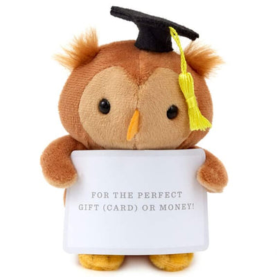 Stuffed owl wearing a black graduation cap with a yellow tassel