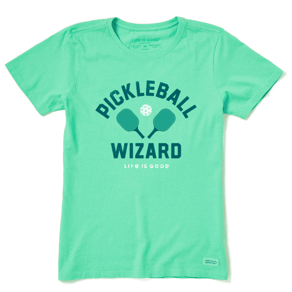 Pickleball Wizard Life is Good".  The shirt is available for purchase from Life is Good and other retailers.