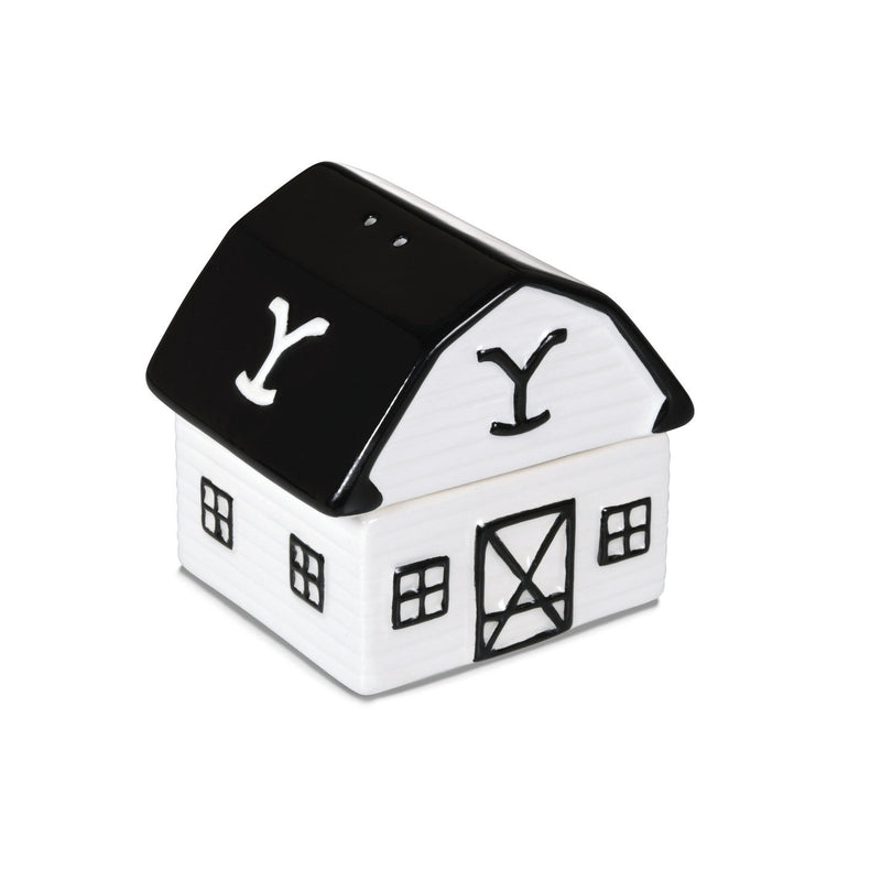 Black and white ceramic barn salt and pepper shaker set inspired by Yellowstone’s Dutton Ranch