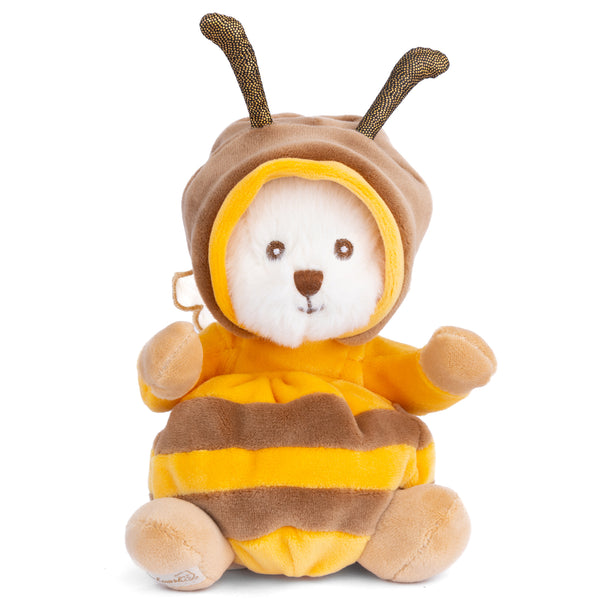 Plush Ziggy bear in a yellow and black striped bee costume with antennae, 6 inches tall, soft and perfect.