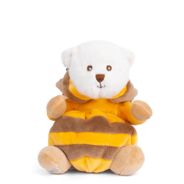 Plush Ziggy bear in a yellow and black striped bee costume with antennae, 6 inches tall, soft and perfect for playful adventures.


