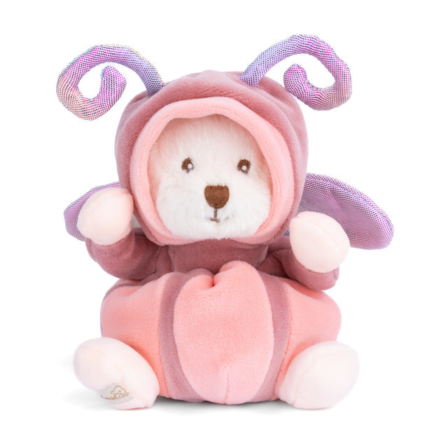 Plush Ziggy bear in a rose butterfly costume with soft wings, 6 inches tall, perfect for cuddles and imaginative play.


