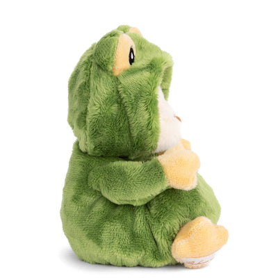 Plush Ziggy bear in a green frog costume with a gold crown, 6 inches tall, perfect for fairy tale play and cuddles.

