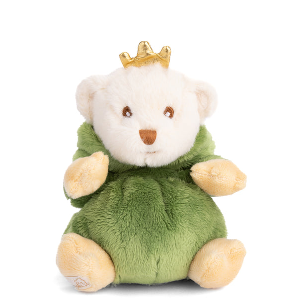 Plush Ziggy bear in a green frog costume with a gold crown, 6 inches tall, perfect for fairy tale play and cuddles.

