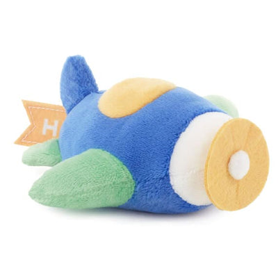 Blue and green stuffed airplane with a yellow propeller. It sits on a white background. Text on the airplane wing reads “H”. Hallmark Zip-Along Airplane Plush Toy.  pen_spark     tune  share   more_vert