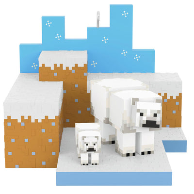 Minecraft polar bears ornament, adult and cub in pixelated snowy tundra habitat, Hallmark Keepsake, Christmas decoration, gamer collectible.