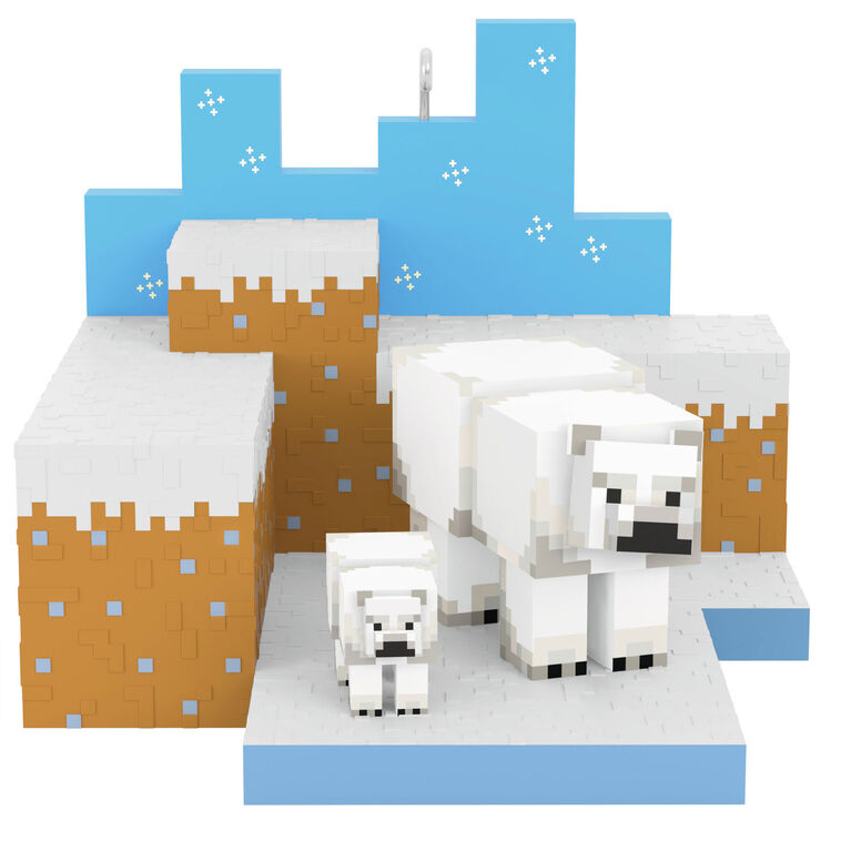 Minecraft polar bears ornament, adult and cub in pixelated snowy tundra habitat, Hallmark Keepsake, Christmas decoration, gamer collectible.