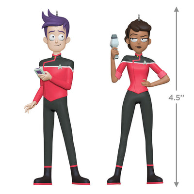 Star Trek Lower Decks ornaments—Beckett Mariner and Bradward Boimler, cartoon crew in red uniforms, Hallmark set of 2
