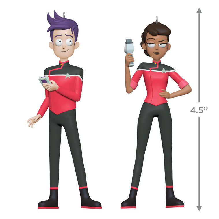 Star Trek Lower Decks ornaments—Beckett Mariner and Bradward Boimler, cartoon crew in red uniforms, Hallmark set of 2
