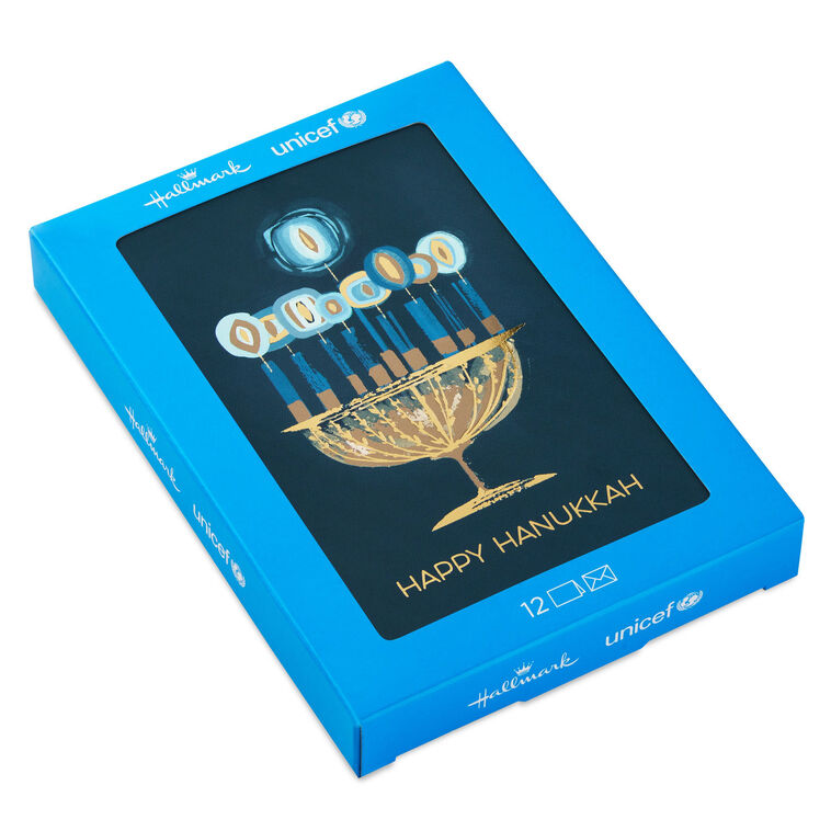 UNICEF Gold Menorah on Blue Boxed Hanukkah Cards, Pack of 12