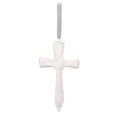 Porcelain cross ornament with palm leaf texture and ribbon inscribed with faith message, for Christmas or spiritual gift.