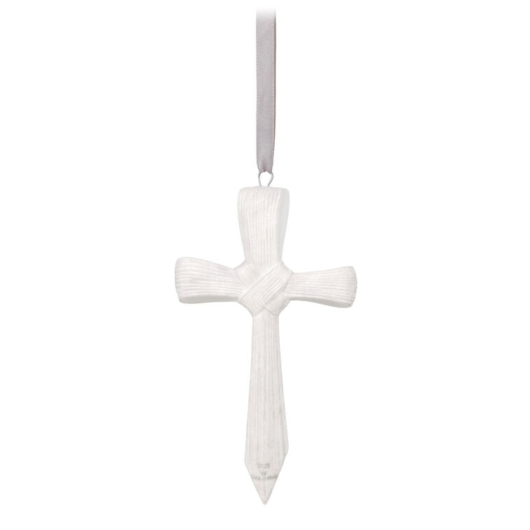 Porcelain cross ornament with palm leaf texture and ribbon inscribed with faith message, for Christmas or spiritual gift.