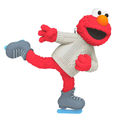 Elmo from Sesame Street ice-skating in a white cable-knit sweater, Hallmark Keepsake ornament, Christmas tree decoration for kids and fans.