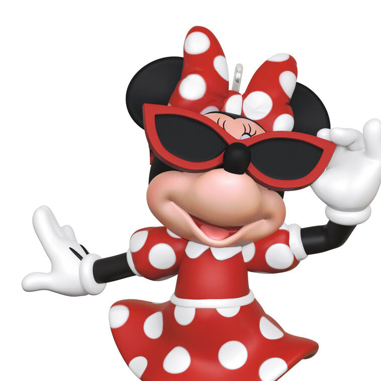 Hallmark Keepsake Disney Minnie Mouse Sunny Chic ornament featuring Minnie in a red polka dot dress, bow, and sunglasses, 2025 holiday collection.