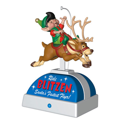 Elf riding Blitzen the reindeer musical ornament with motion, playing "William Tell Overture" holiday keepsake.

