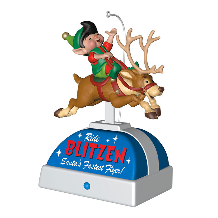 Elf riding Blitzen the reindeer musical ornament with motion, playing "William Tell Overture" holiday keepsake.

