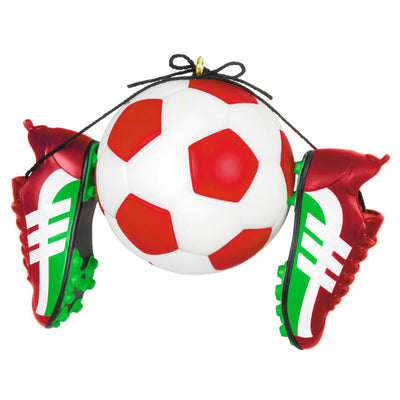 Christmas ornament with soccer ball and red-green cleats, year-dated 2025 for soccer players and coaches

