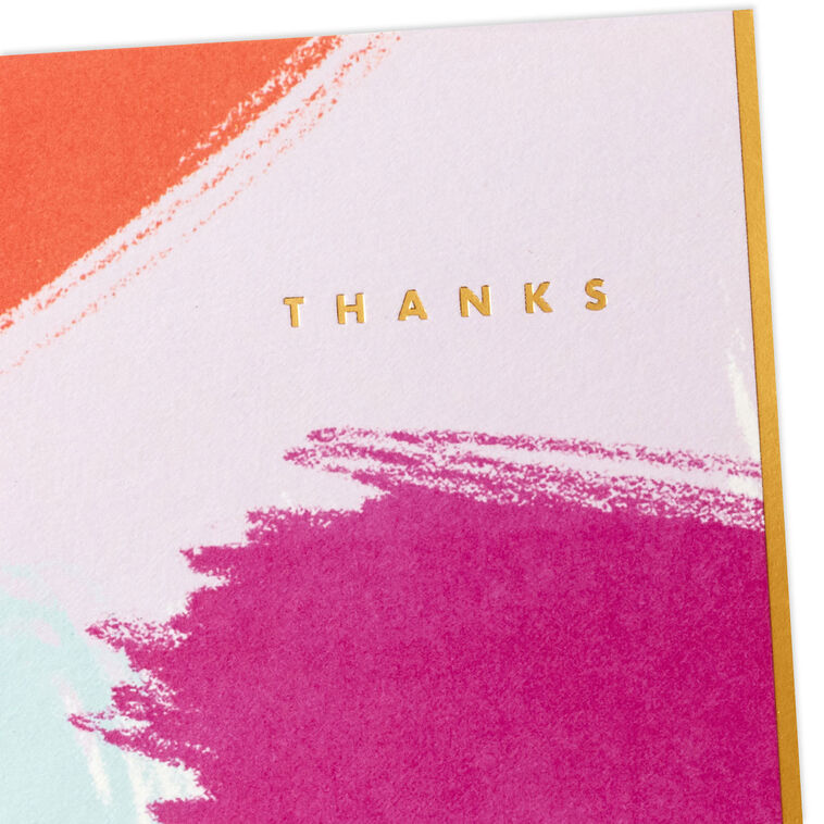 Vibrant thank-you cards with pink, orange, and mint brushstrokes and gold foil lettering.
