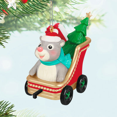 Hallmark Keepsake Cute as a Button ornament with a gray and white hamster in red sleigh, Santa hat, and Christmas tree.