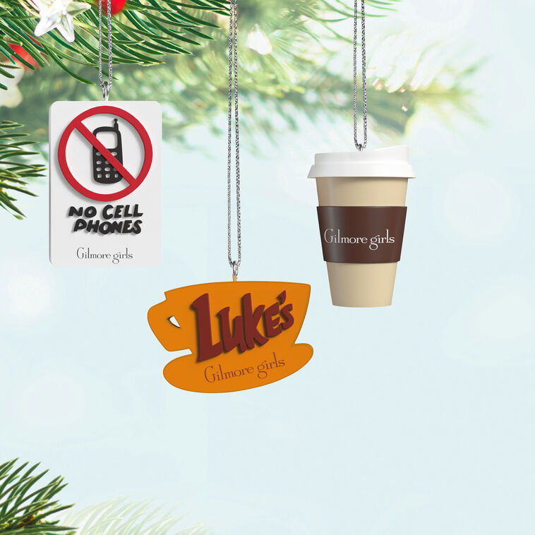 Set of three Gilmore Girls mini ornaments: Luke’s Diner mug, travel coffee cup, and No Cell Phones sign, Hallmark Keepsake collectible