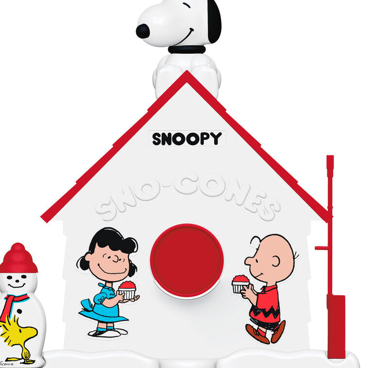 Mini Snoopy Sno-Cone Machine ornament with Snoopy, Charlie Brown, and Lucy, 75th anniversary Hallmark Peanuts Christmas collectible