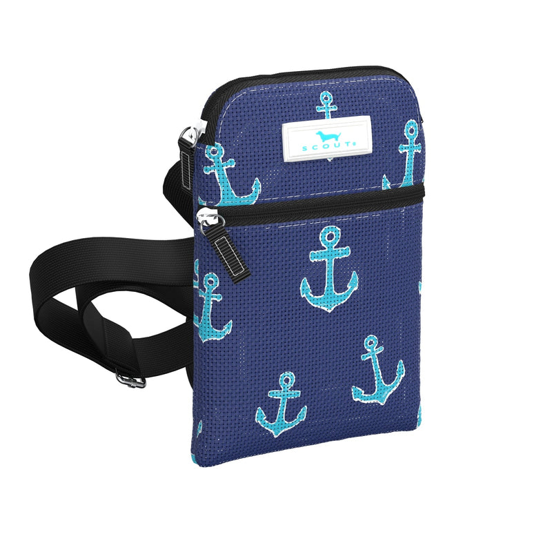 SCOUT Poly Pocket crossbody in Sailors Delight print with dual zippers, breathable fabric, and adjustable strap for phone and essentials.
