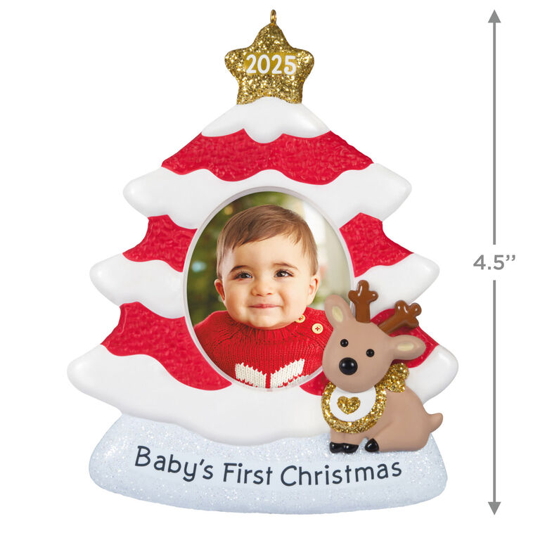 Red and white glittered Christmas tree photo frame ornament with 2025 star topper, baby’s photo slot, and reindeer calf accent.