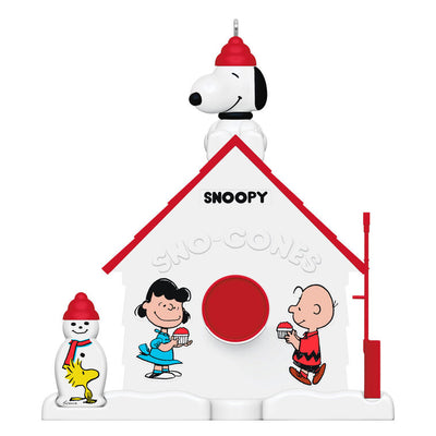 Mini Snoopy Sno-Cone Machine ornament with Snoopy, Charlie Brown, and Lucy, 75th anniversary Hallmark Peanuts Christmas collectible