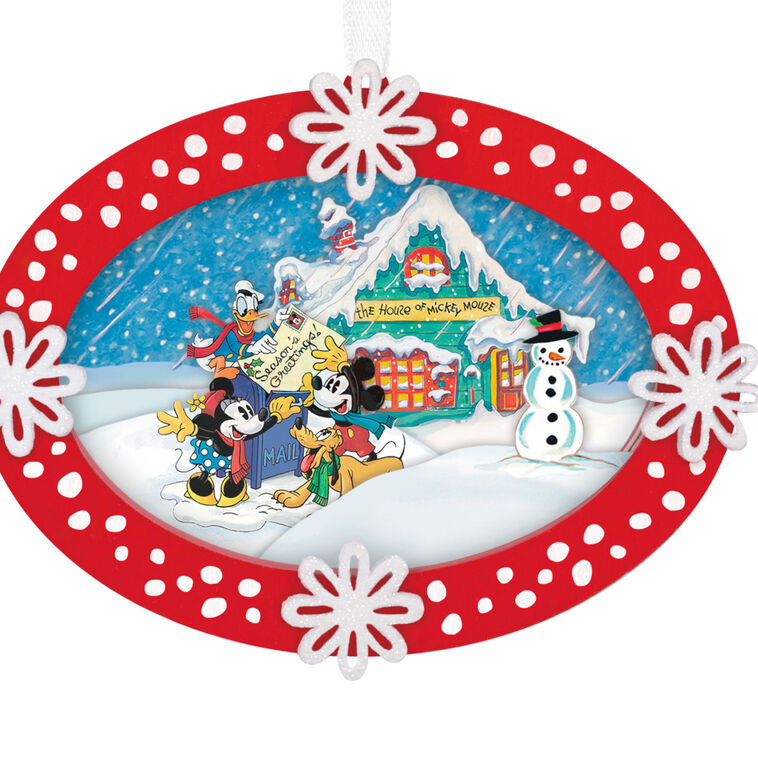 Hallmark Keepsake Disney Mickey and Friends Sending Season’s Greetings Papercraft ornament, Mickey, Minnie, Donald, Pluto, mailbox, holiday scene.