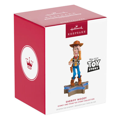 Hallmark Keepsake Toy Story Sheriff Woody ornament, cowboy figure with sound and light, Pixar Christmas tree decoration.